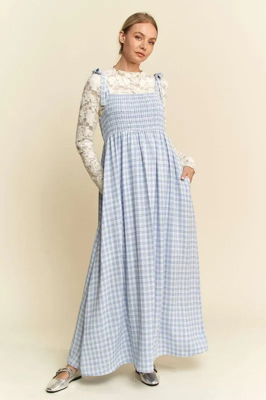 Davi and Dani plaid smocked sleeveless maxi dress in blue, front view