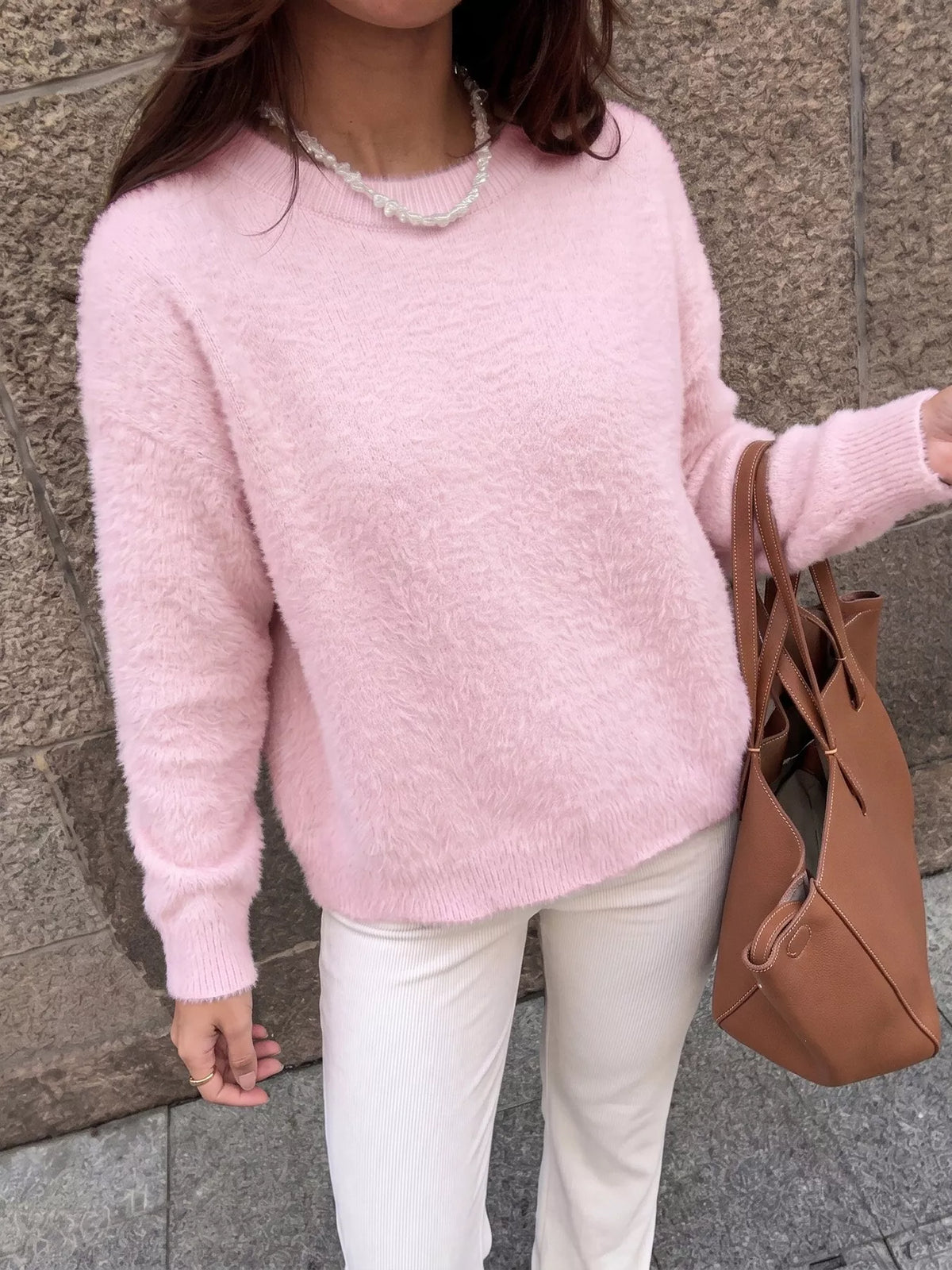 Styled fluffy sweater with jeans