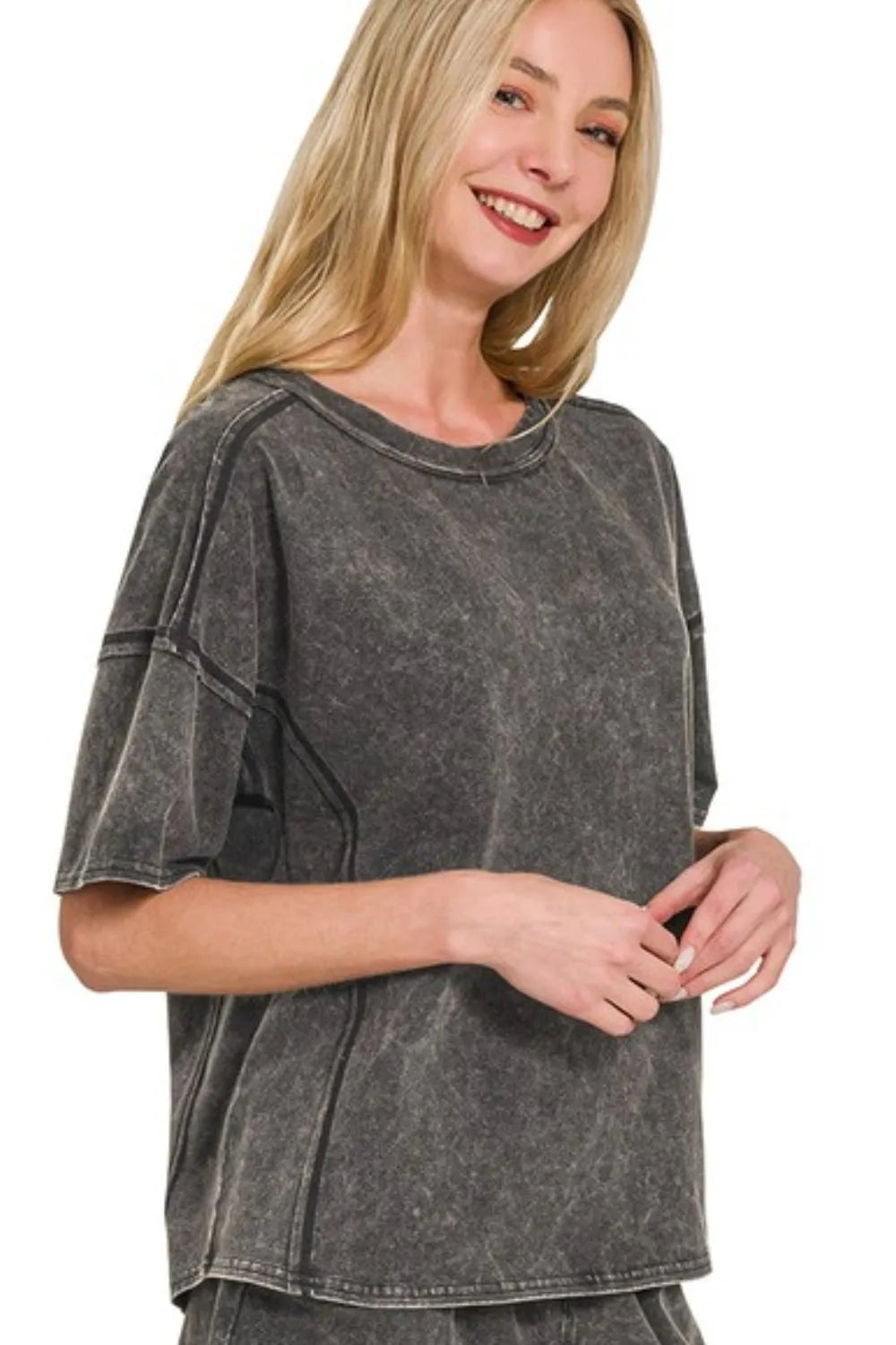 Zenana Acid Washed Short Sleeve Tee & Shorts Set - Fashorio