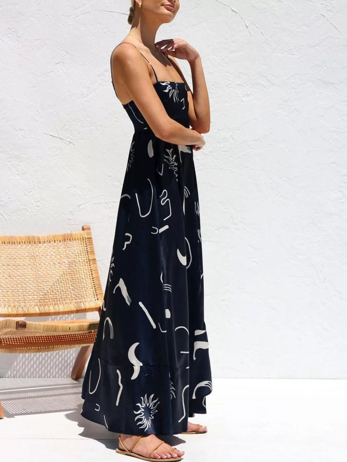 printed spaghetti strap maxi dress back view