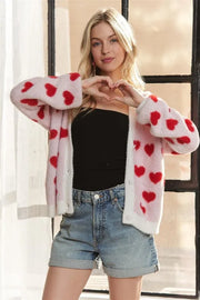 ADORA Fuzzy Heart Button Down Cardigan Ivory Red - Fashorio
