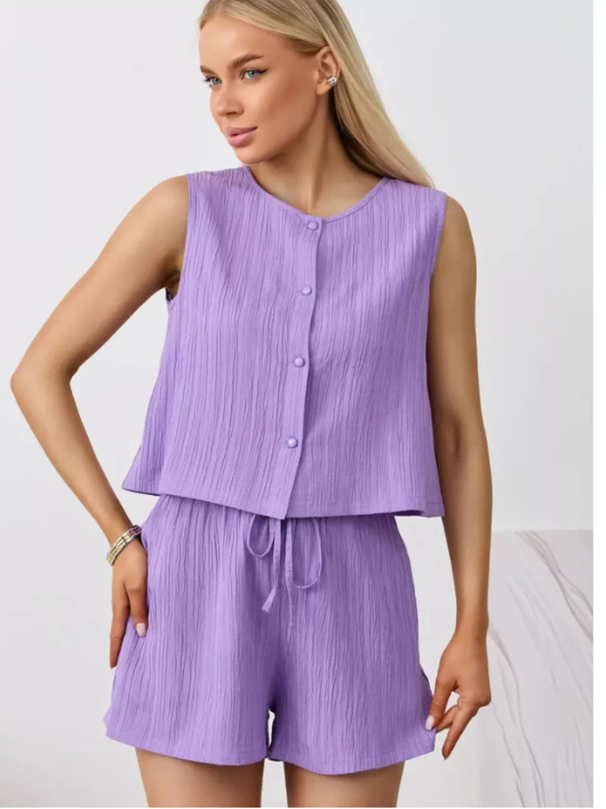Textured Round Neck Tank and Shorts Set, view 33