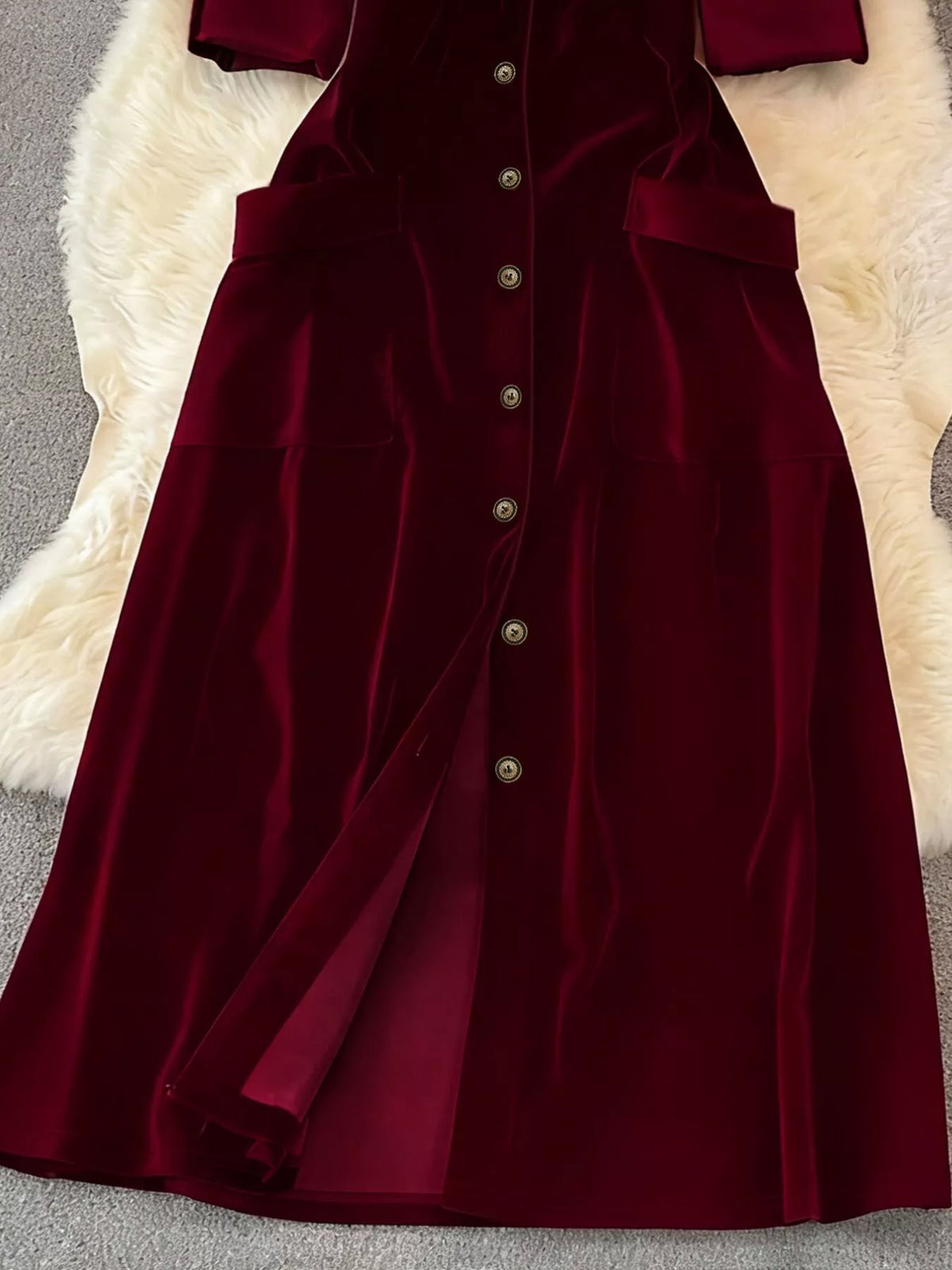 velvet button front midi dress neckline detail