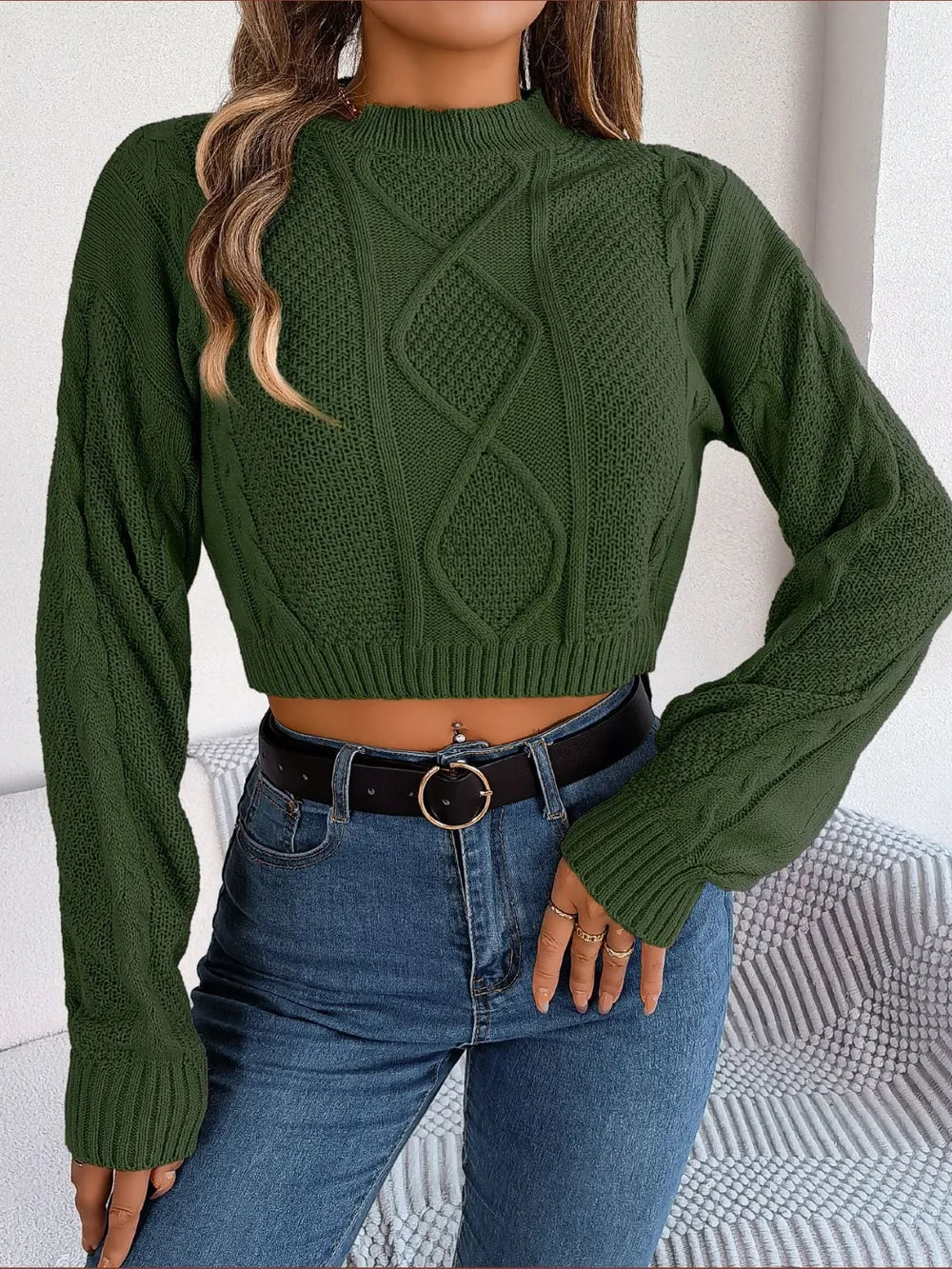 Cable-Knit Round Neck Cropped Sweater Army Green - Fashorio