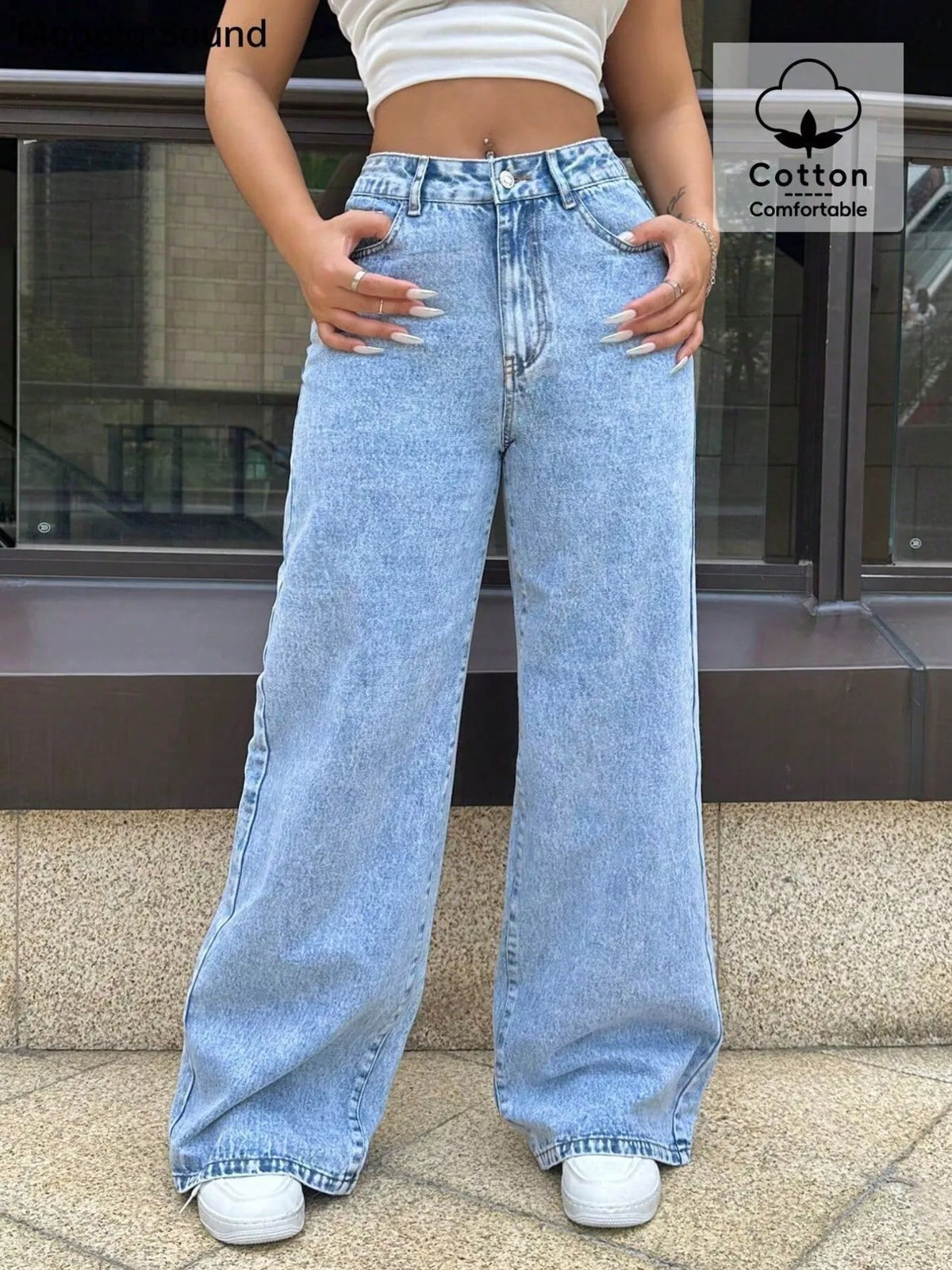 Blue wide leg washed jeans front view