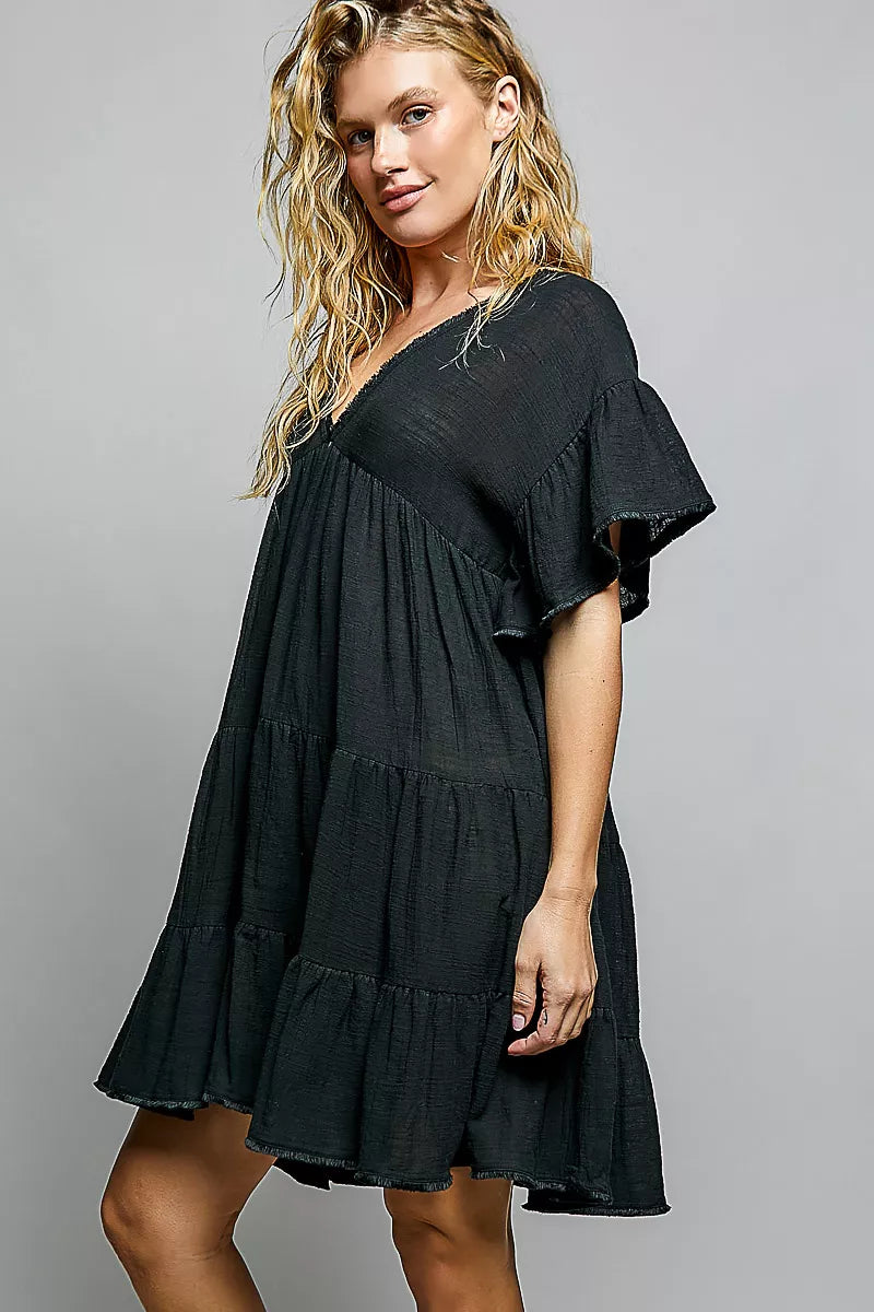 V neckline and shirring detail on the black cotton dress