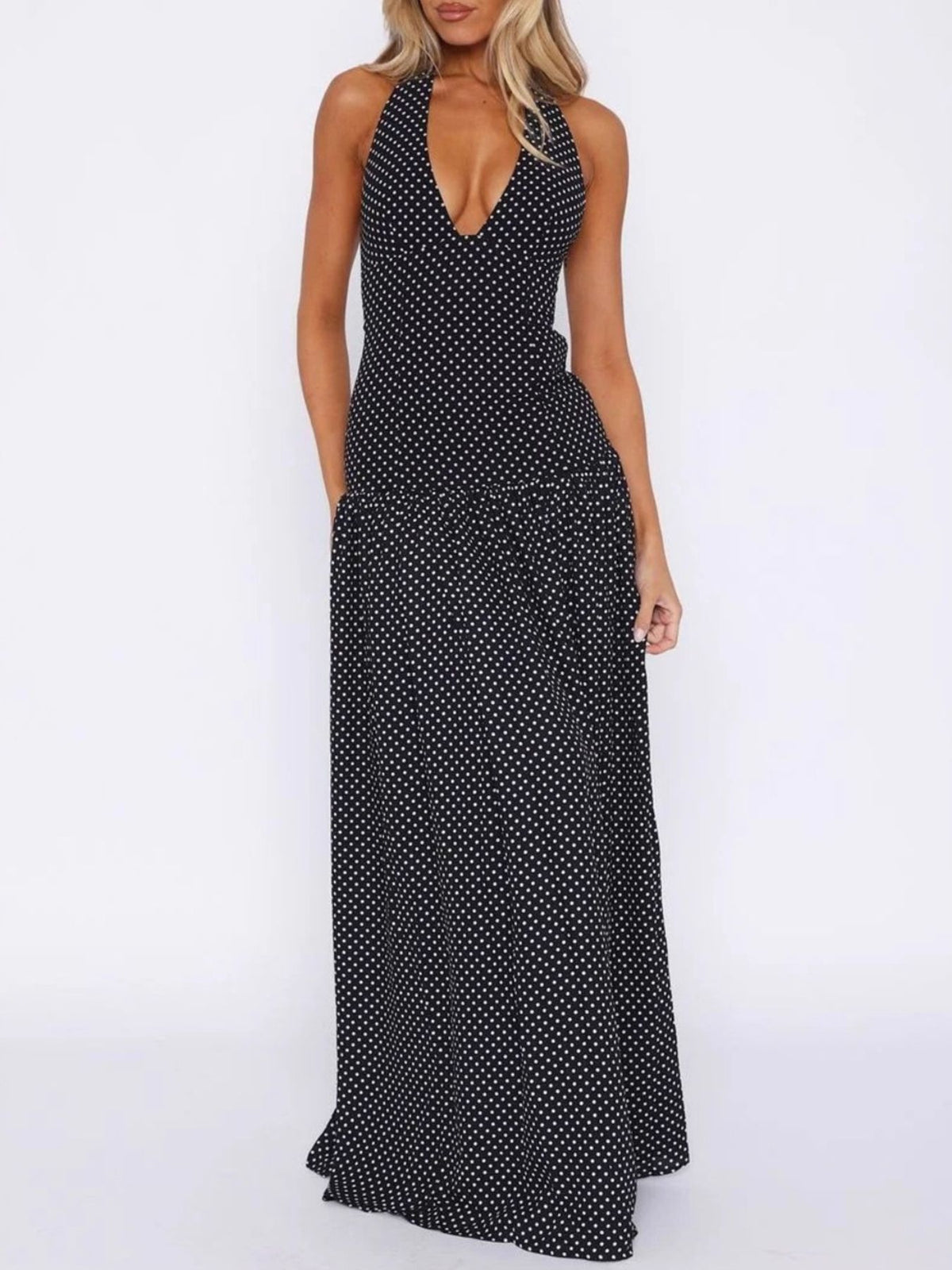 Polka Dot Halter Neck Maxi Dress detail view