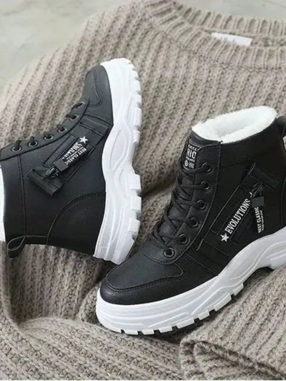 Decorative zipper round toe platform boots back view