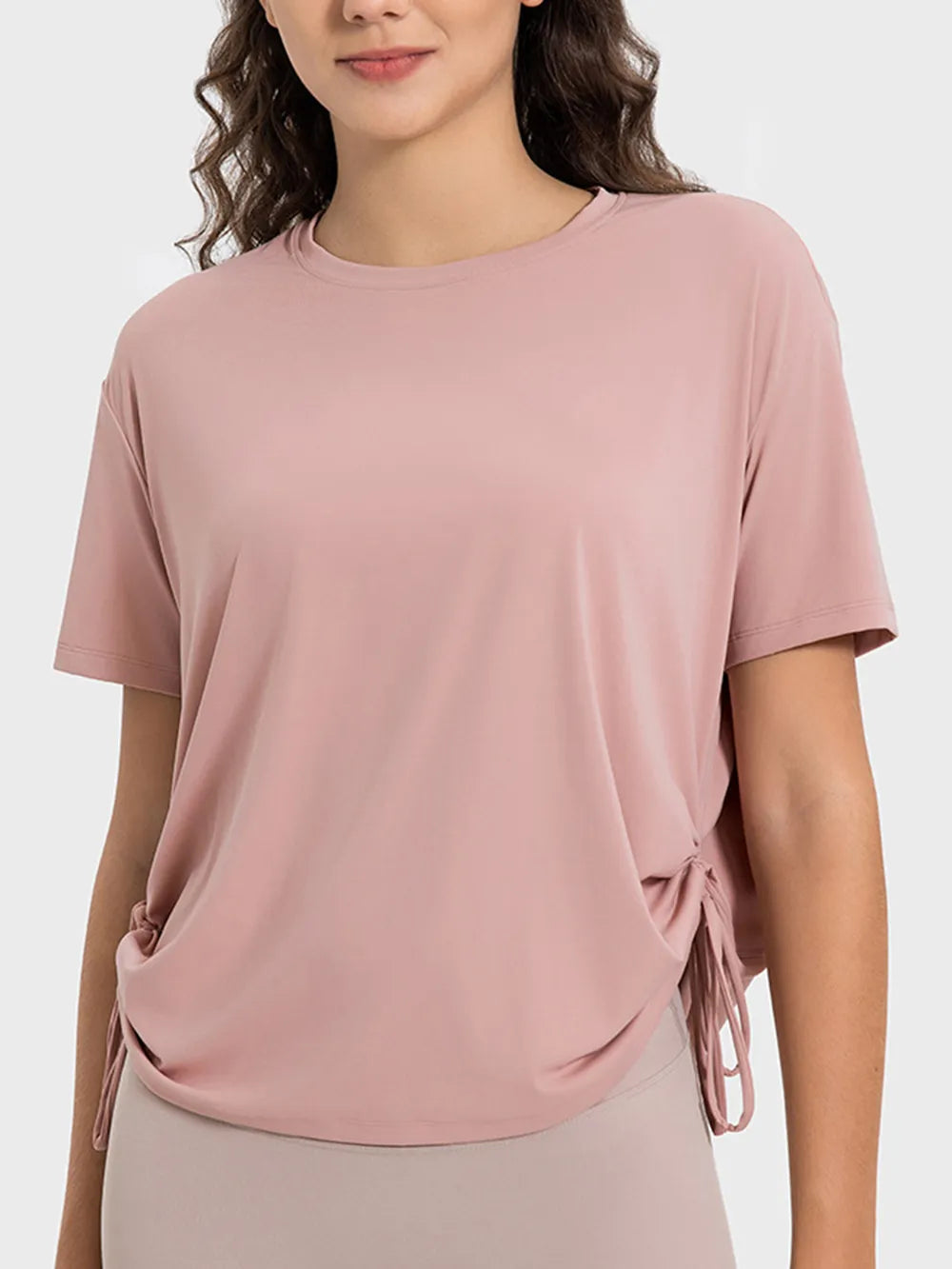 drawstring round neck active tee front view