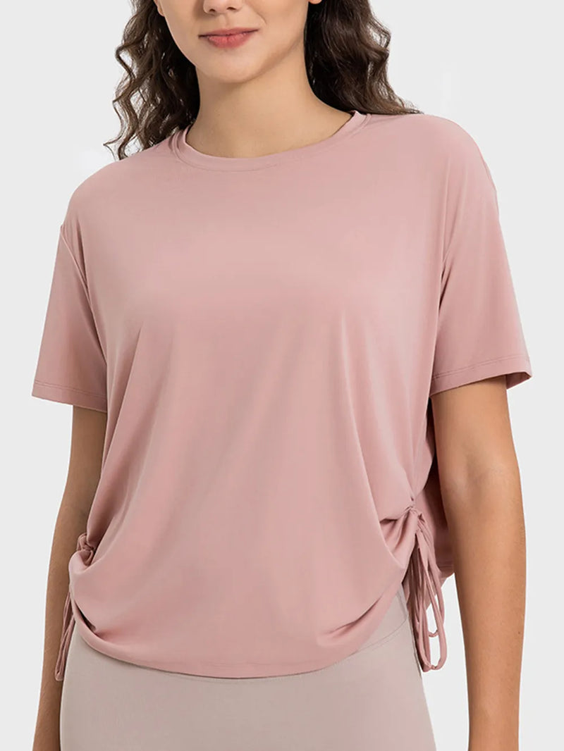 drawstring round neck active tee front view