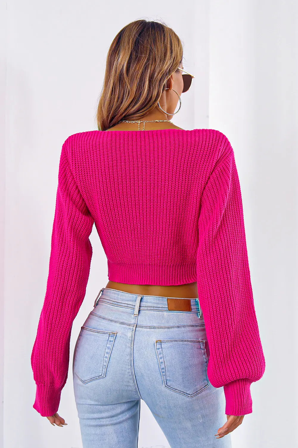Bow V-Neck Long Sleeve Cropped Sweater - Fashorio