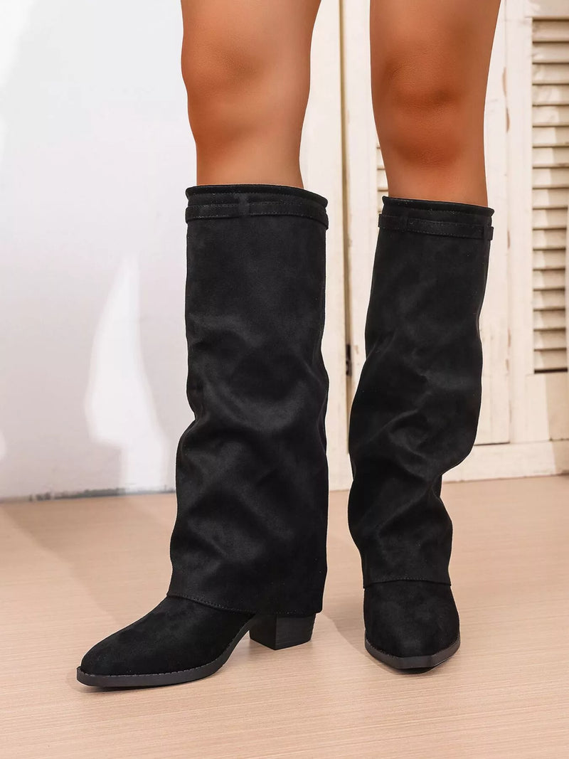 Point toe low block heel boots side profile
