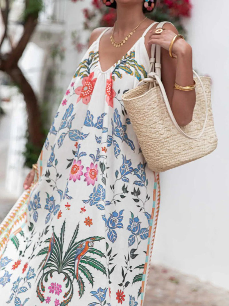 Printed V neck summer maxi dress front view