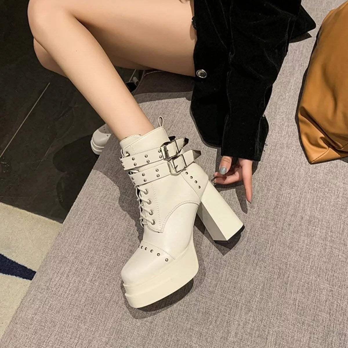 Round toe high block heel boots full length view