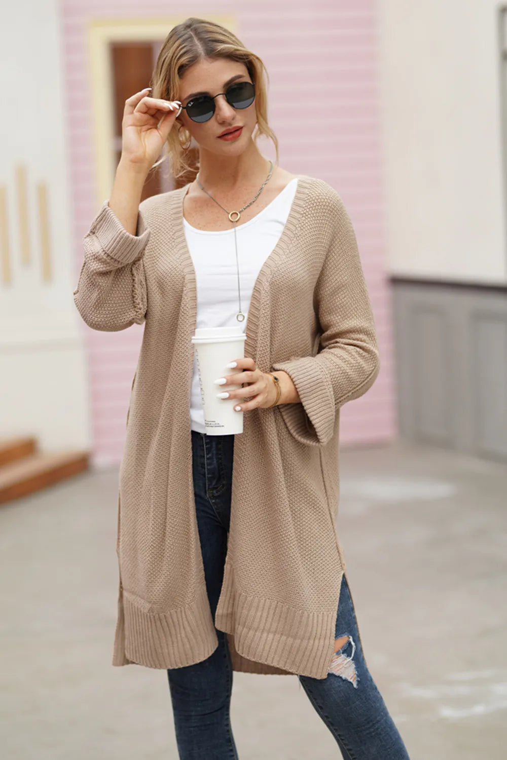 Open Front Long Sleeve Cardigan Dust Storm - Fashorio