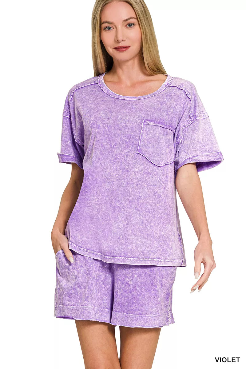 Snow washed exposed seam top and shorts two piece set front view