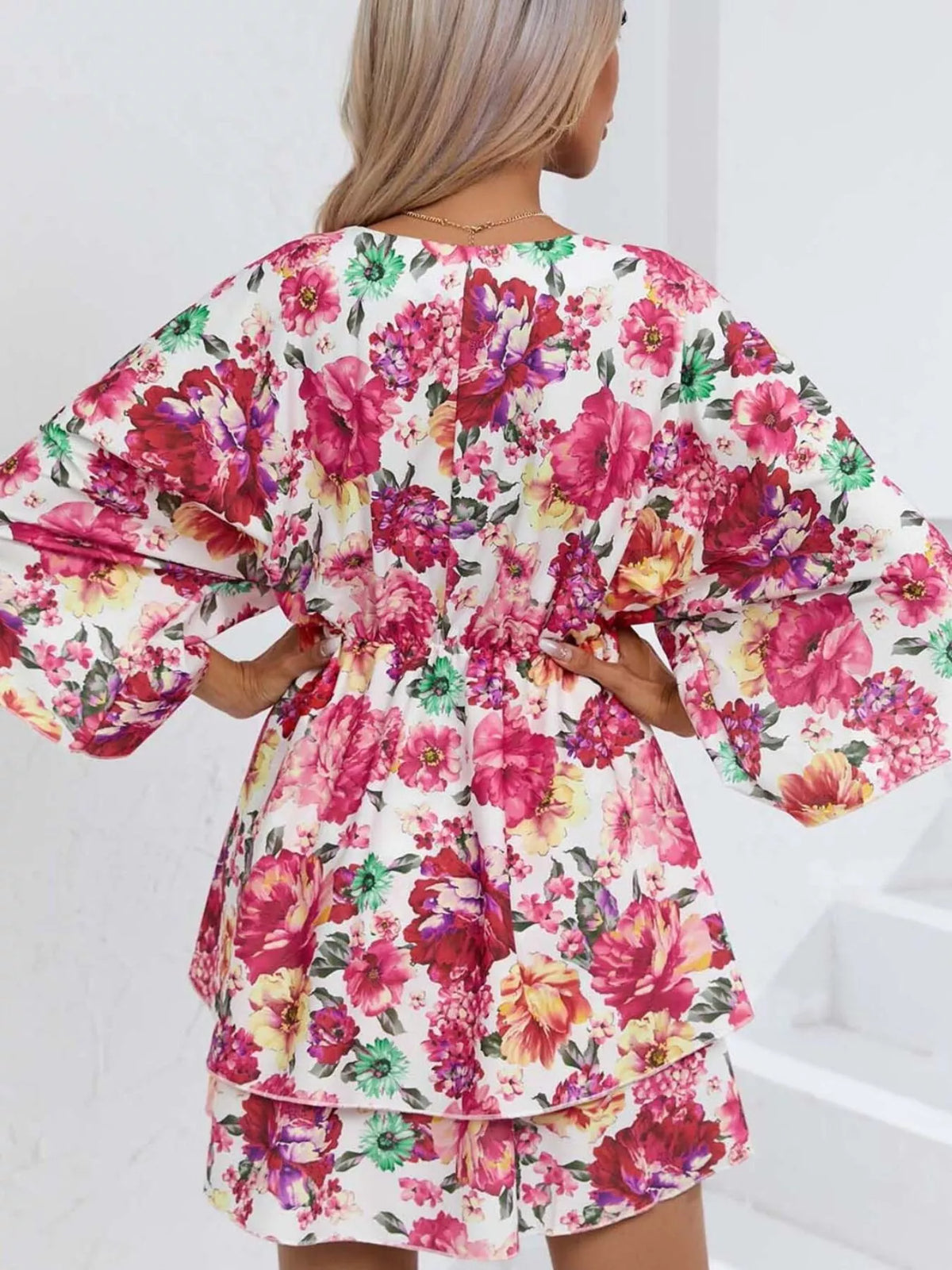 Floral print tiered ruffle hem mini dress front view