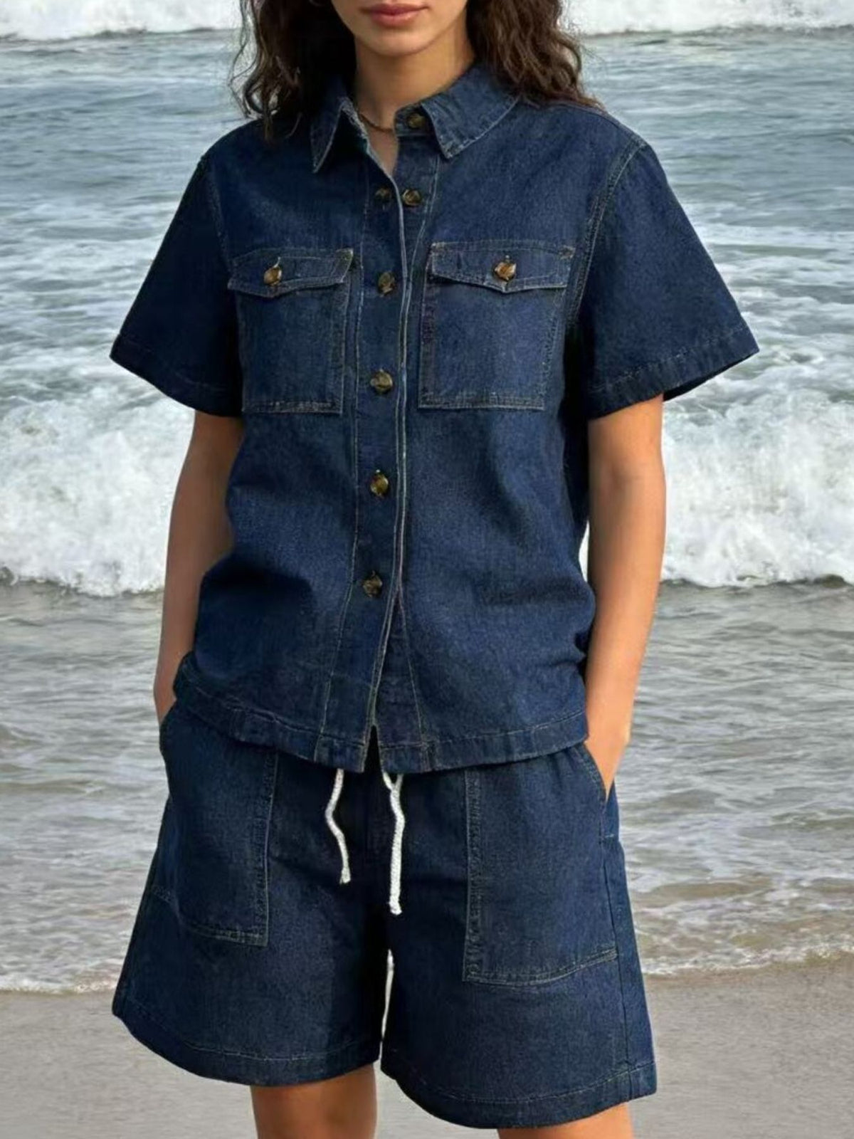 Button Up Short Sleeve Top and Denim Shorts Set, view 9