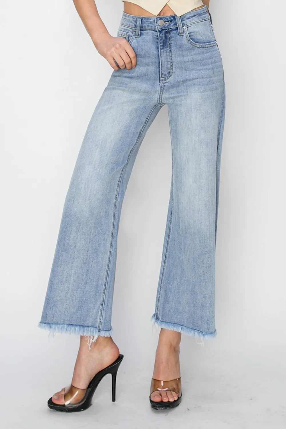 RISEN High Rise Crop Wide Fray Hem Jeans - Fashorio