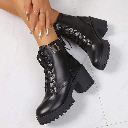 Combat Lace Up Boots with Buckle Straps - Fashorio