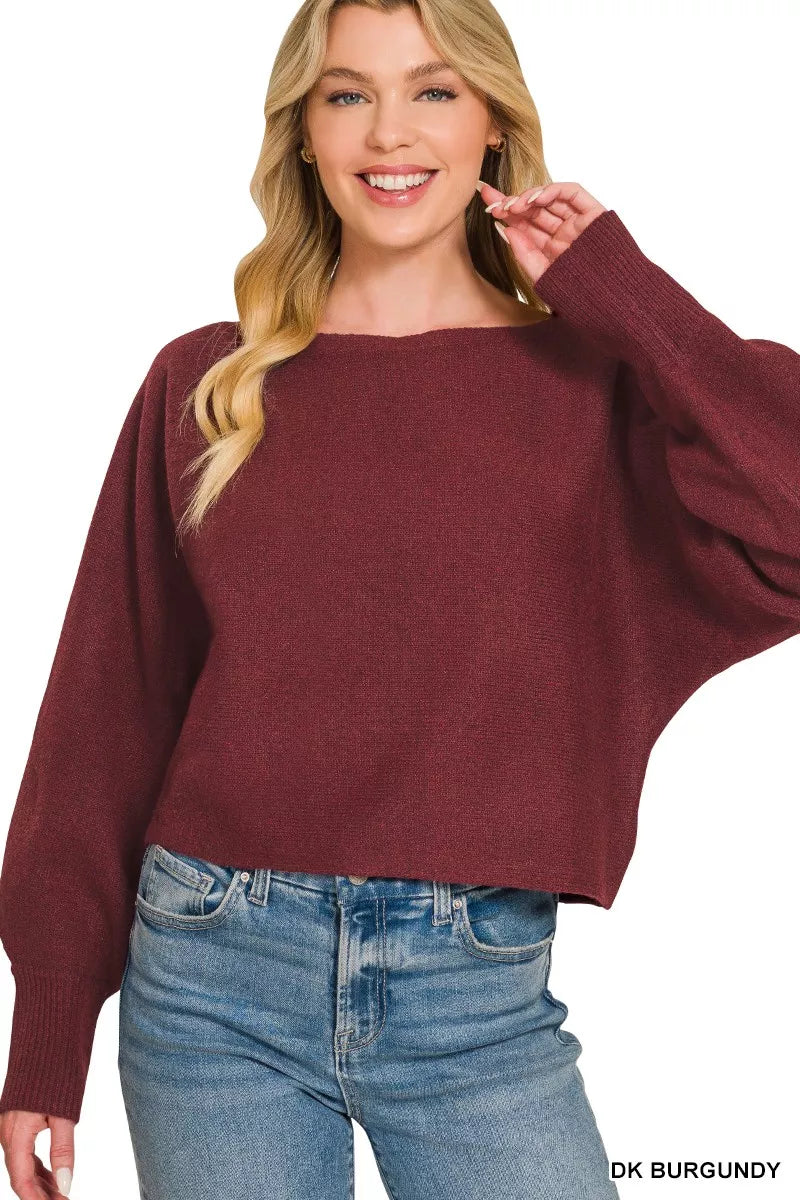 Side view of burgundy balloon sleeve knit