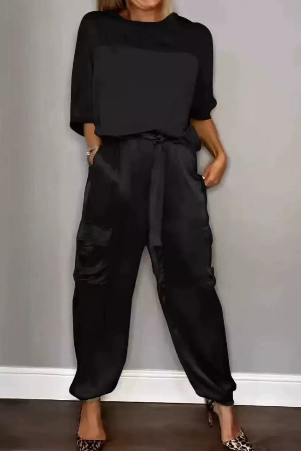 Satin two piece set full length pose