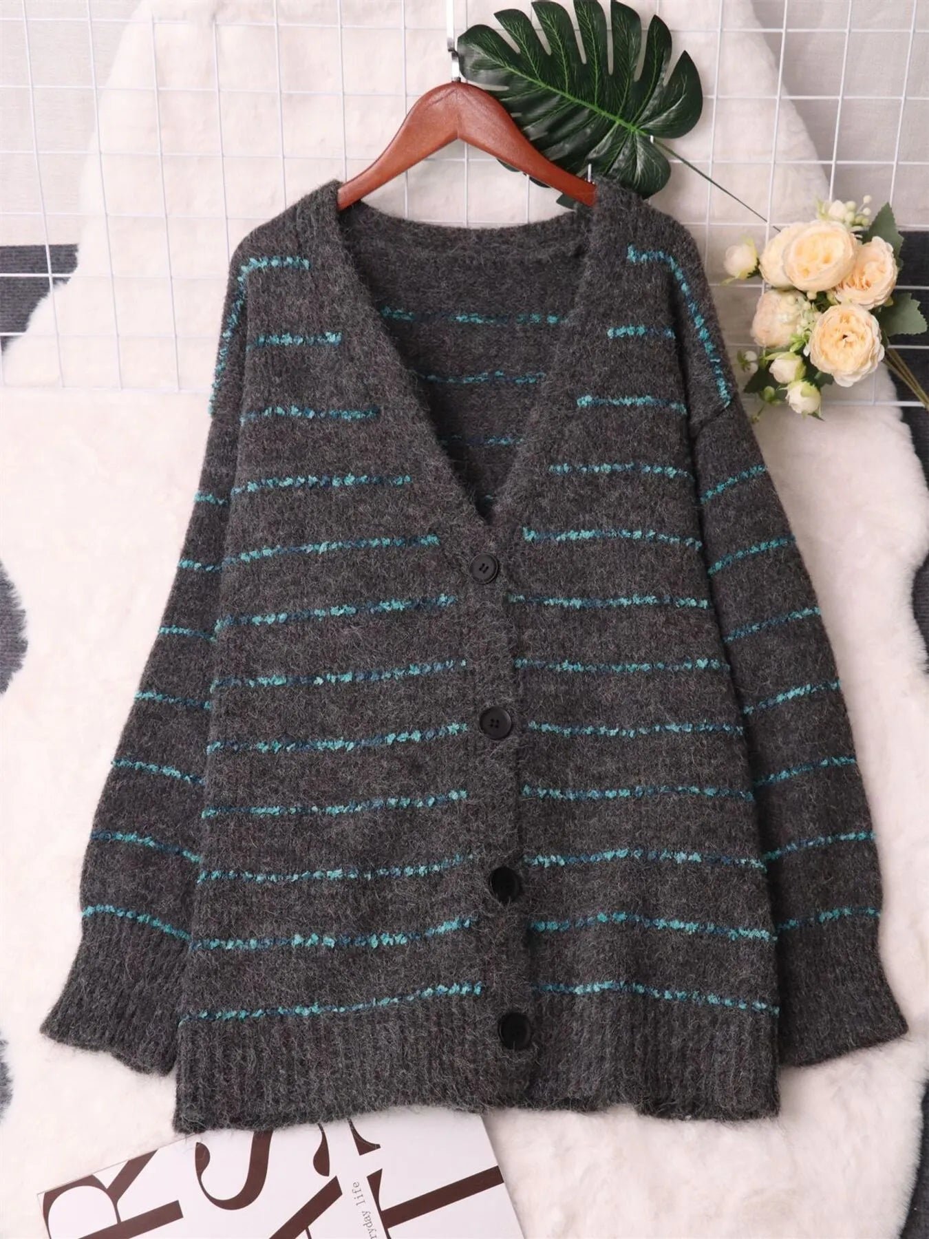 Striped Button-Up Cardigan with V-Neck Design - Fashorio