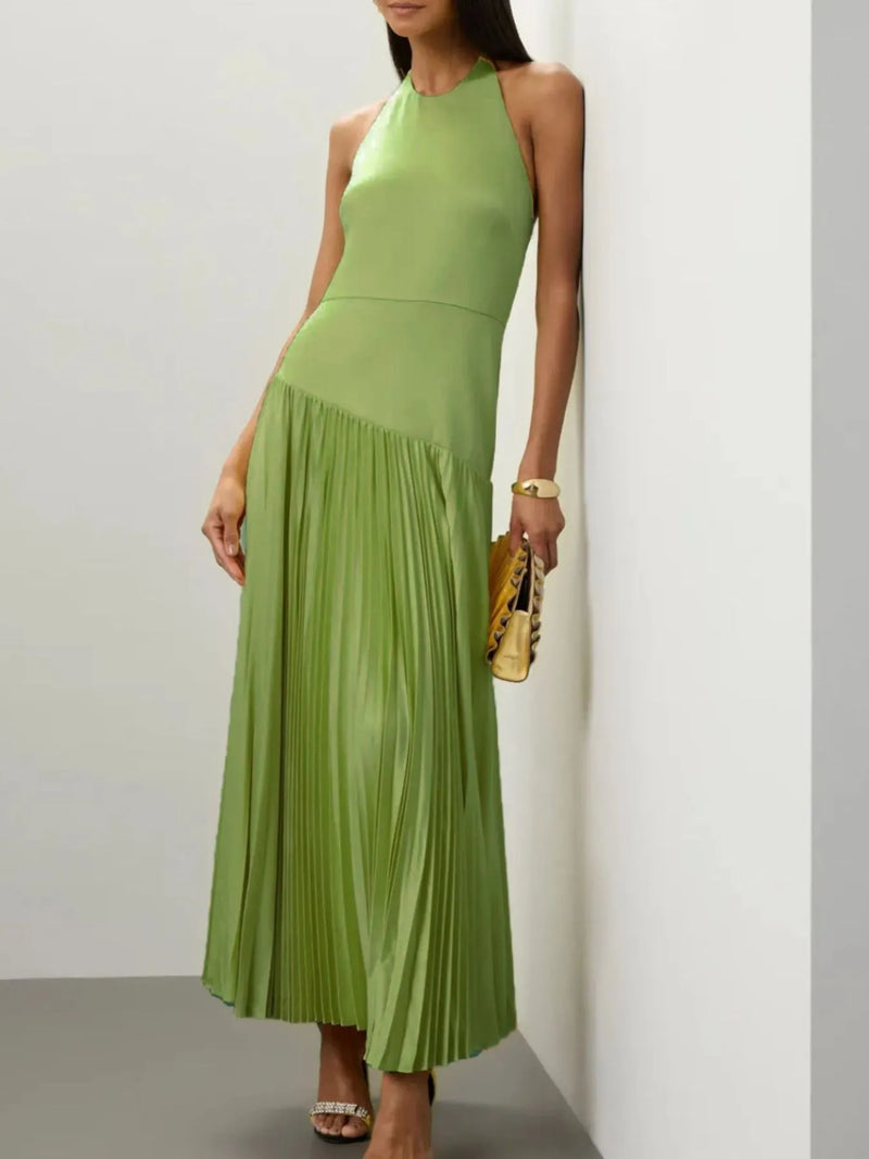 Pleated halter neck maxi dress, front view
