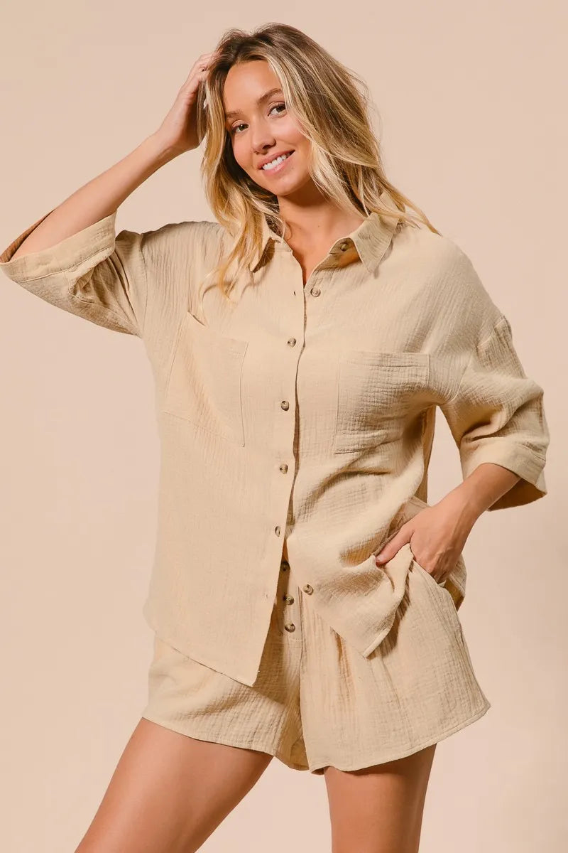 BiBi Crinkle Gauze Shirt and Short Set - Fashorio