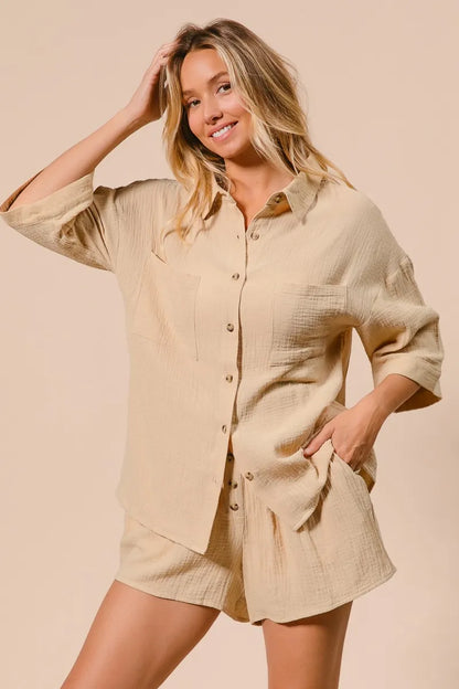 BiBi Crinkle Gauze Shirt and Short Set - Fashorio
