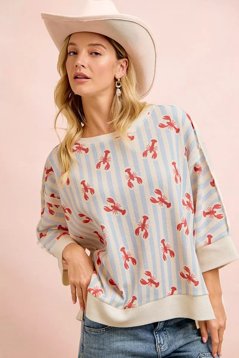 Light blue and red BiBi lobster stripe waffle knit top front view