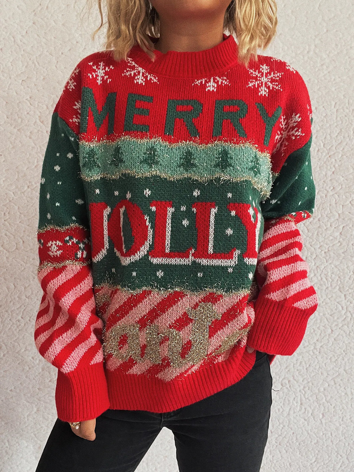 christmas letter round neck red sweater styled on model