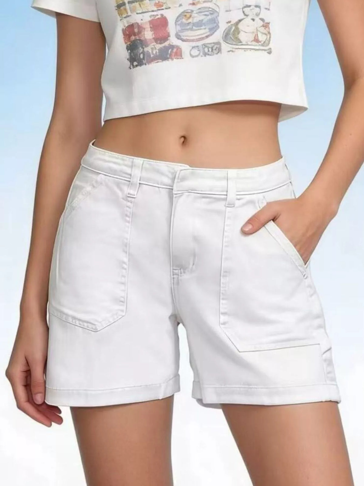 Pocketed denim shorts front view