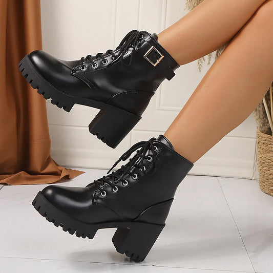 Combat Lace Up Boots with Buckle Straps Black - Fashorio