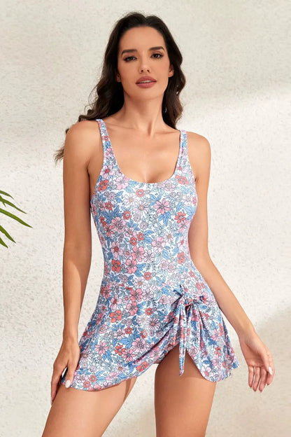 Drawstring Scoop Neck Wide Strap One-Piece Swimwear Floral - Fashorio