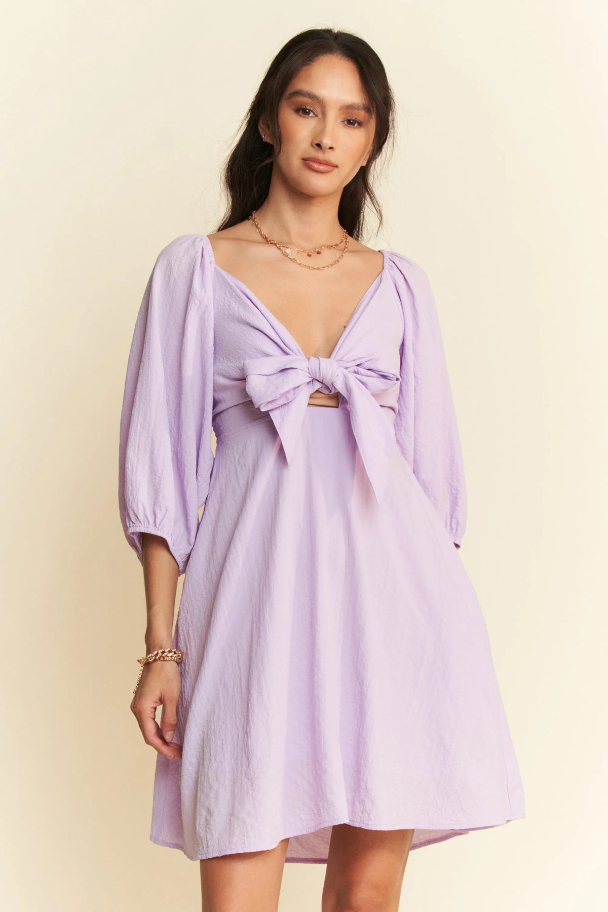Self Tie Puff Sleeve Smocking Open Back Mini Dress
