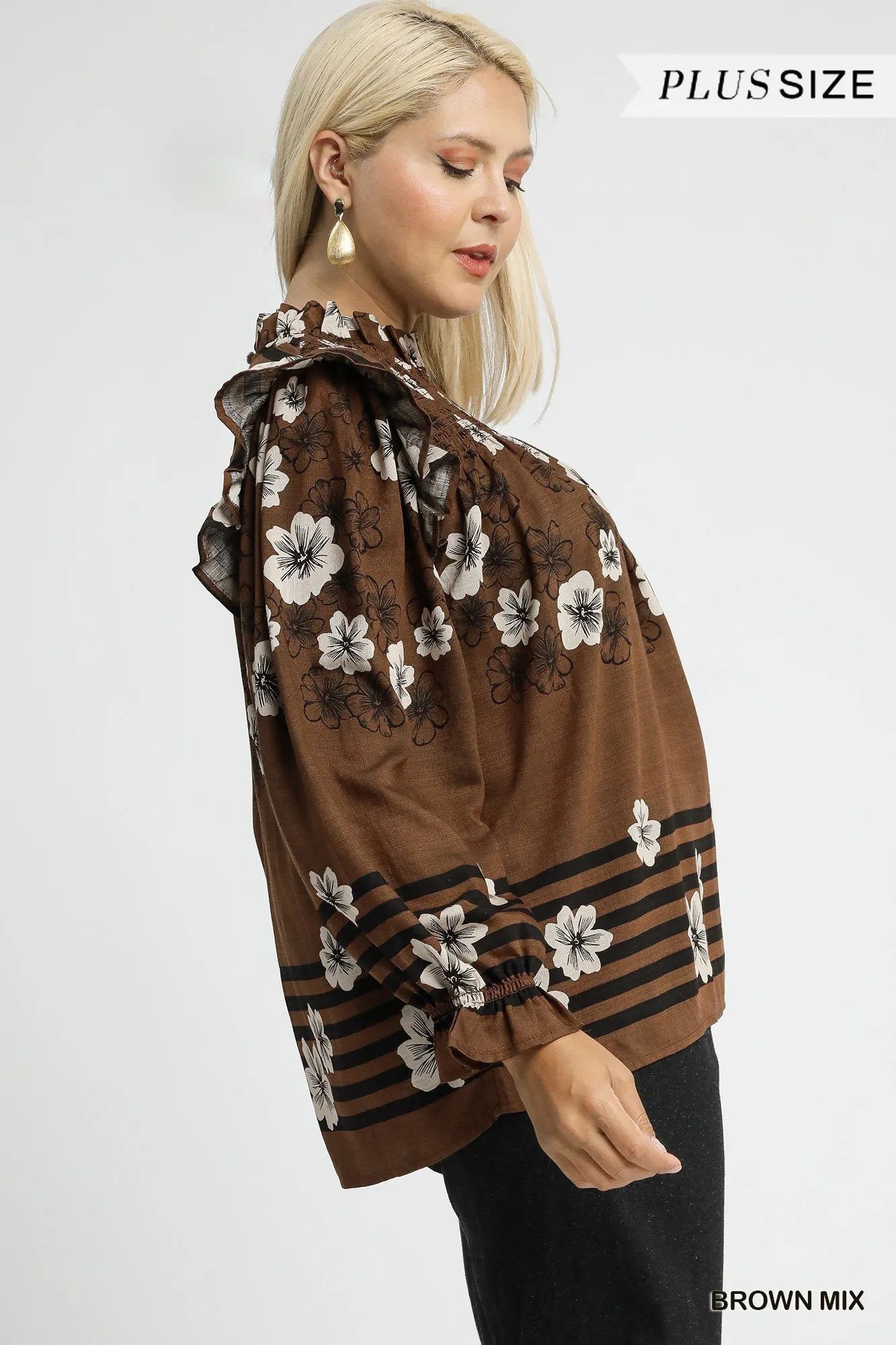 Umgee Full Size Mix Floral Smocked Ruffle Blouse Plus Size - Fashorio