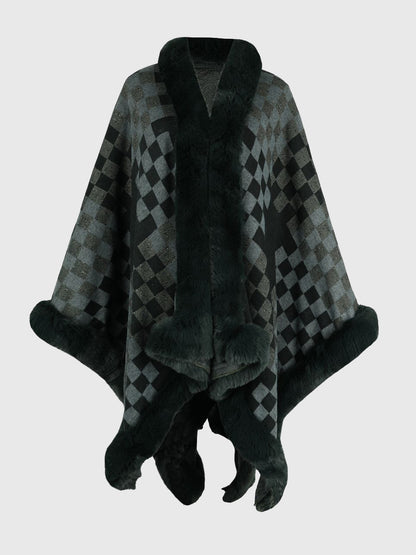Checkered Faux Fur Trim Poncho Sage One Size - Fashorio