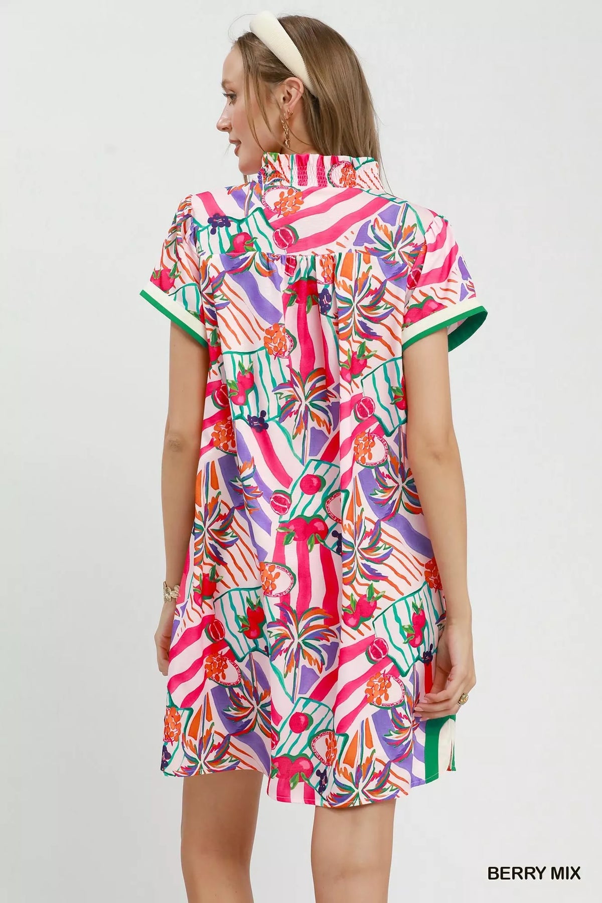 Berry tropical print collared shift dress side view
