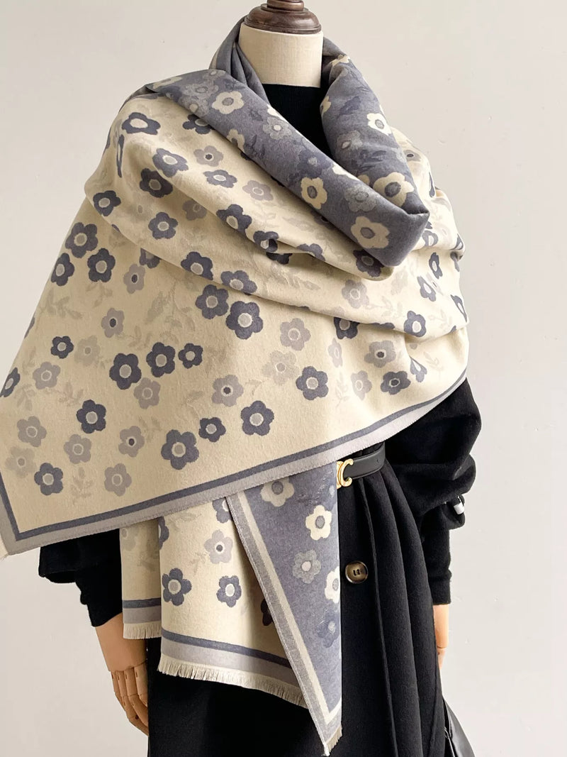 Floral print warm winter scarf in blue