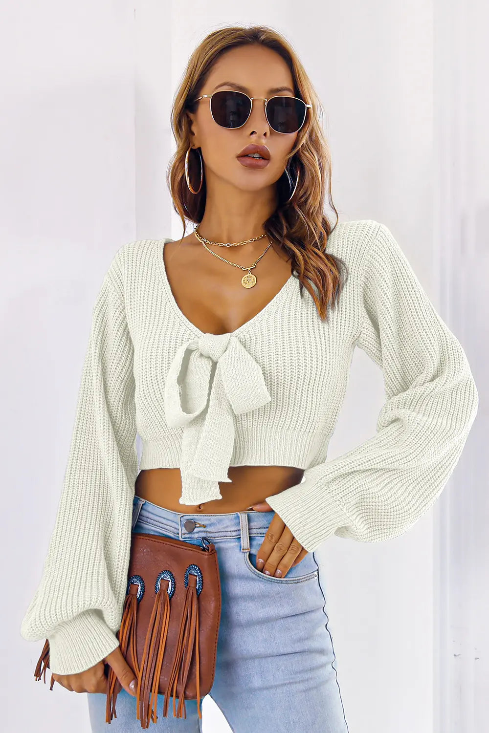 Bow V-Neck Long Sleeve Cropped Sweater White - Fashorio