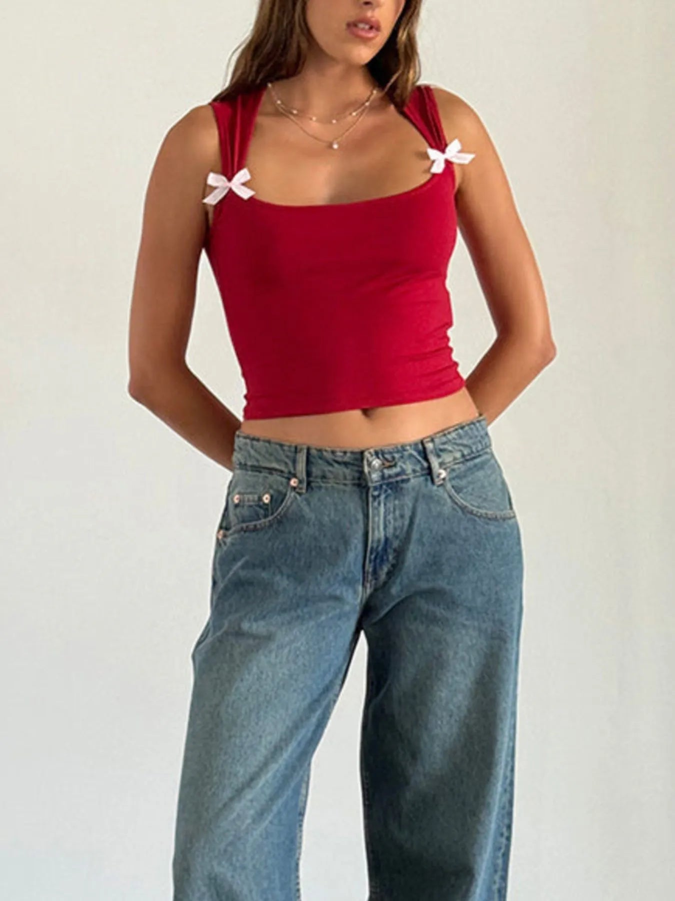 Bow Detail Square Neck Cropped Tank - Fashorio