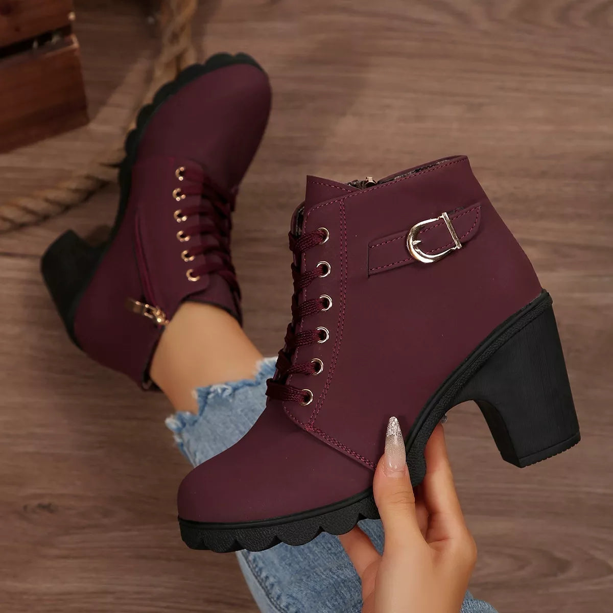 Lace up buckle chunky heel ankle boots styled on model