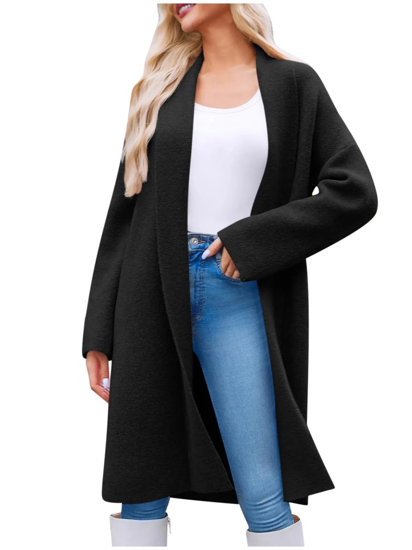 Open Front Longline Coat Black - Fashorio