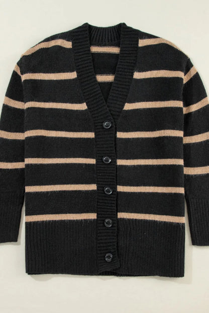 Striped Button Down Long Sleeve Cardigan - Fashorio