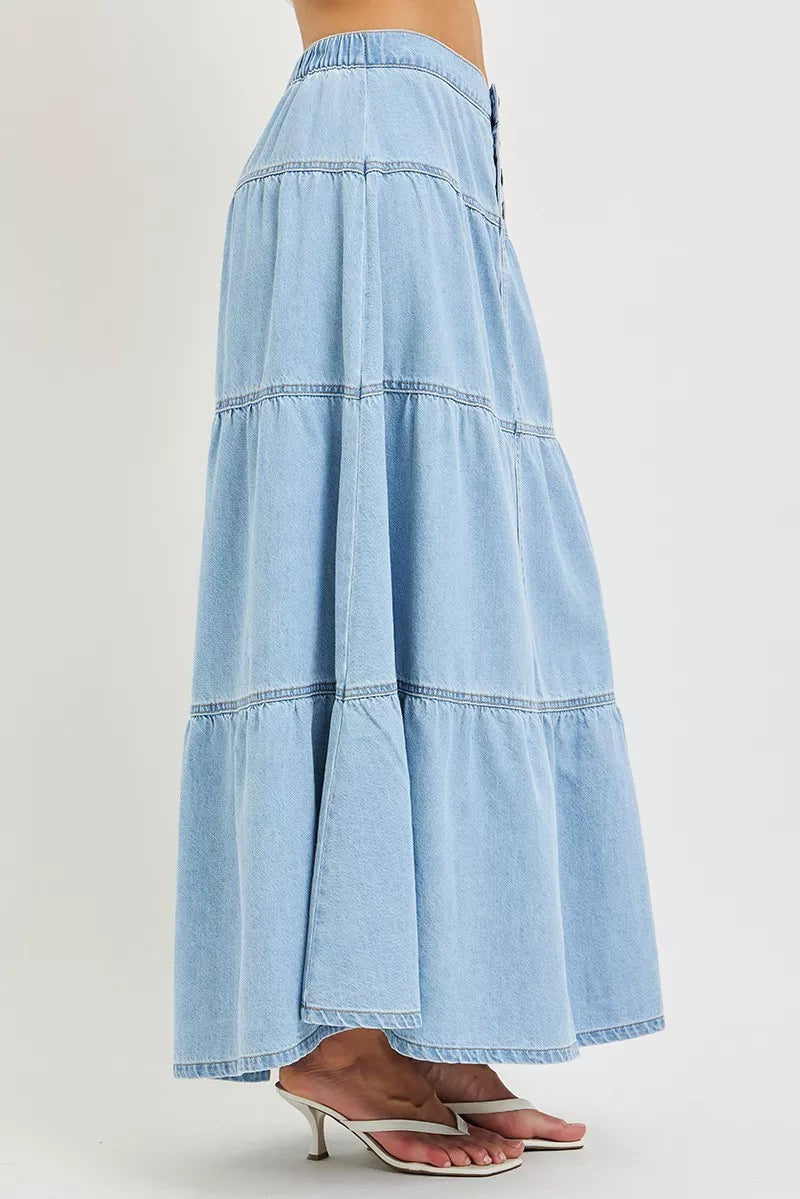 Light wash denim tiered maxi skirt front view