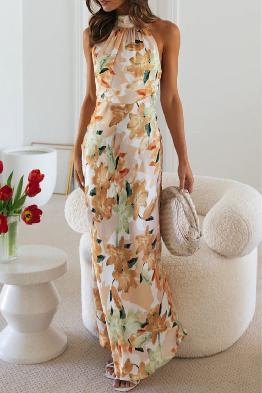 floral halter neck maxi dress with leg slit full length view