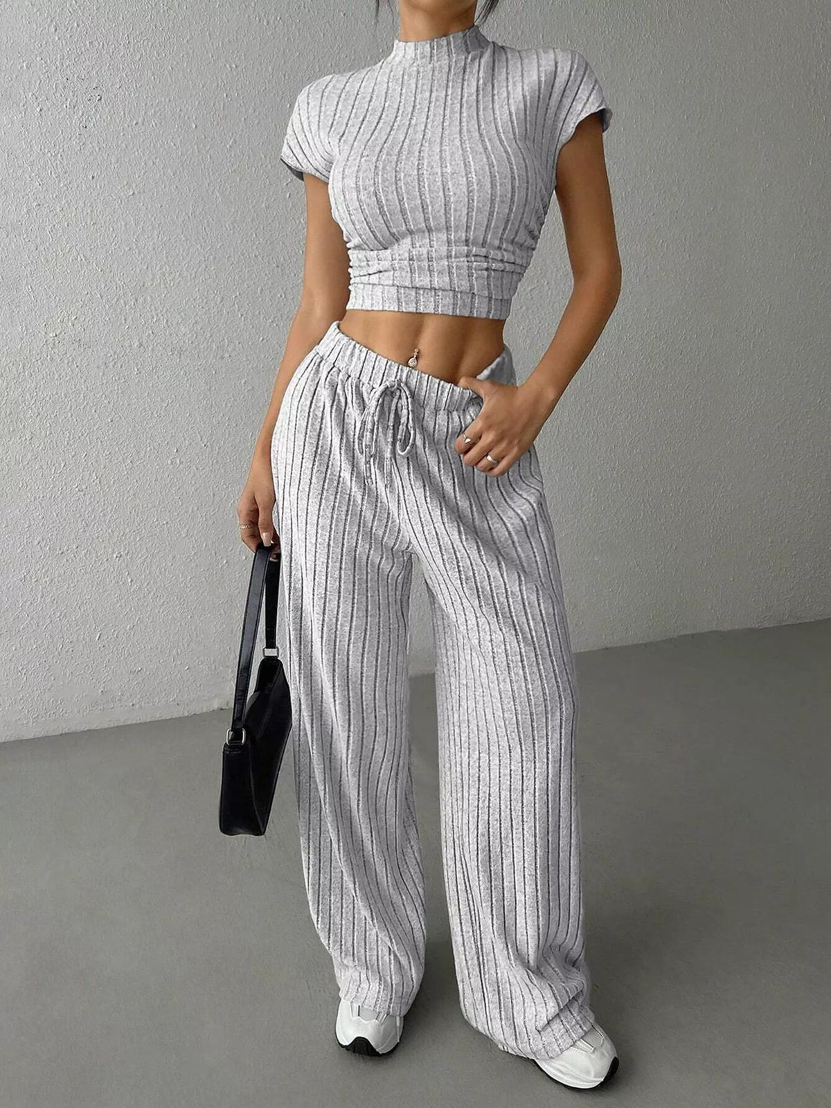 Ribbed knit wide leg pants set drawstring waist detail