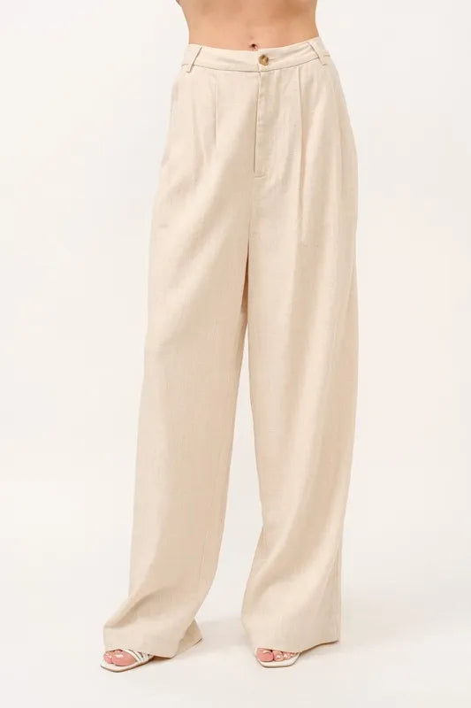 And The Why High-Rise Wide Leg Linen Blended Pants OATMEAL - Fashorio
