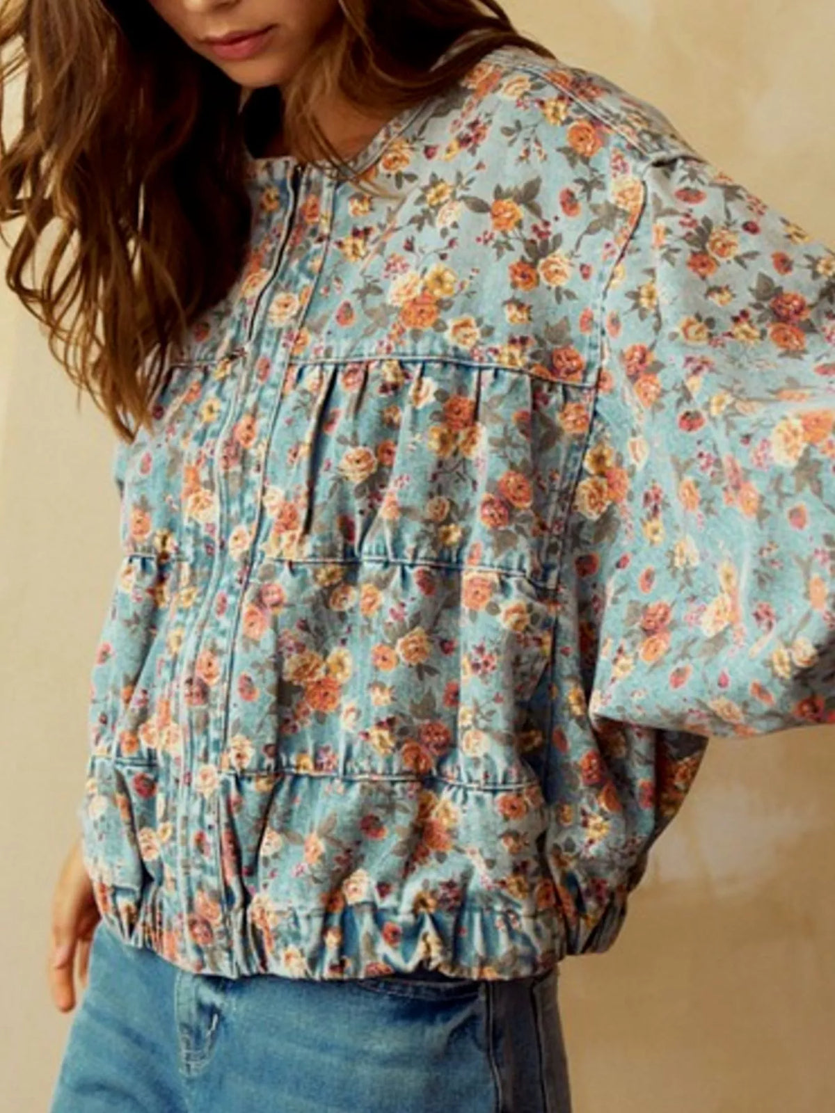 Floral Print Cropped Zip Up Denim Jacket detail